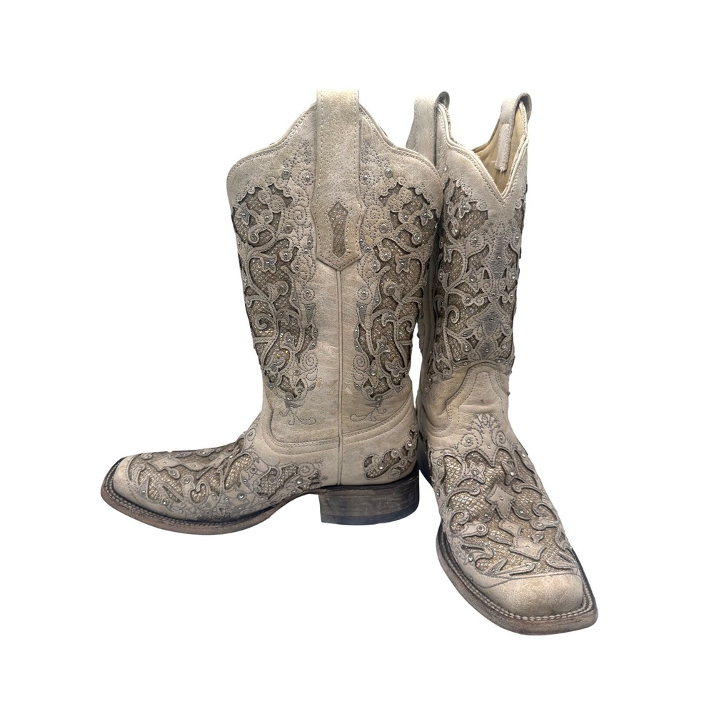 Corral A3397 Womens White Glitter Inlay Rhinestone Leather Cowboy Boots 8.5 M